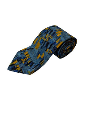 Serica Elite Silk Tie Blue Gold Abstract Geometric Art Pattern Chain Clip